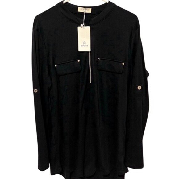 Bulotus Women's Black Long Sleeve Quarter Zip Top W/ Snap Pockets & Button Tabs - Picture 1 of 9